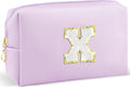 Gifts for Girls Initial Makeup Bag Personalized Cosmetic Bag with Zipper Cute Travel Toiletry Bag Waterproof PU Preppy Makeup Pouch Birthday Gift for Teen Girls Women(Purple X)