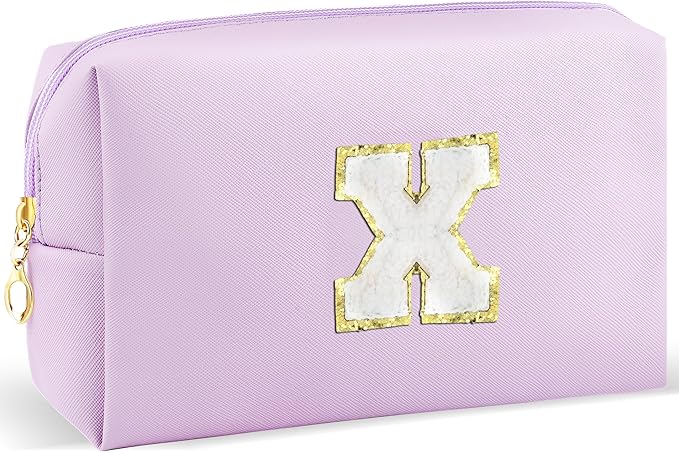 Gifts for Girls Initial Makeup Bag Personalized Cosmetic Bag with Zipper Cute Travel Toiletry Bag Waterproof PU Preppy Makeup Pouch Birthday Gift for Teen Girls Women(Purple X)