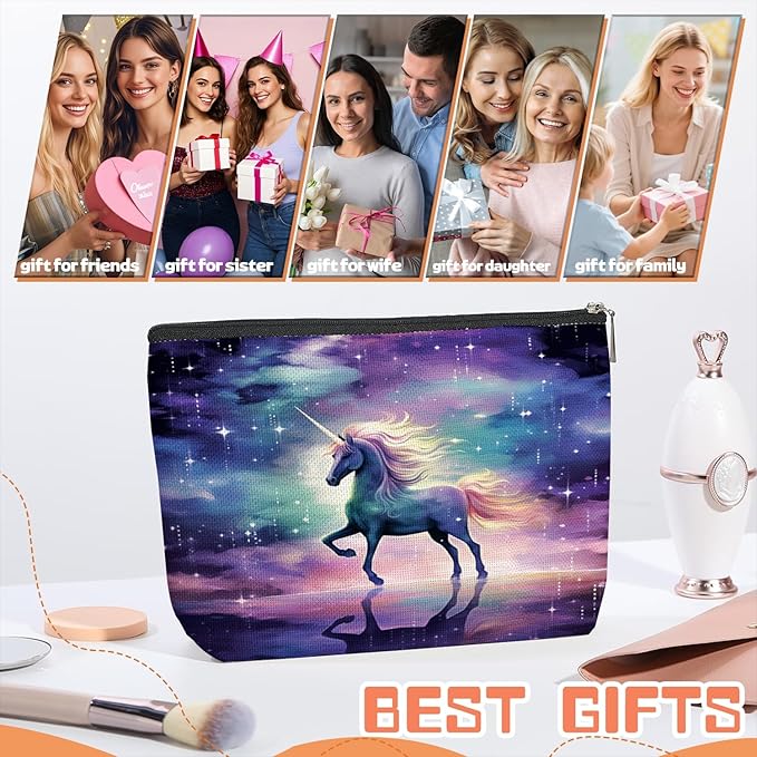 Makeup Bag Travel Cosmetic Bags Small Makeup Case Waterproof Zipper Pouch for Women Girls 7X9inches - Unicorn in A Starry And Cloudy Background