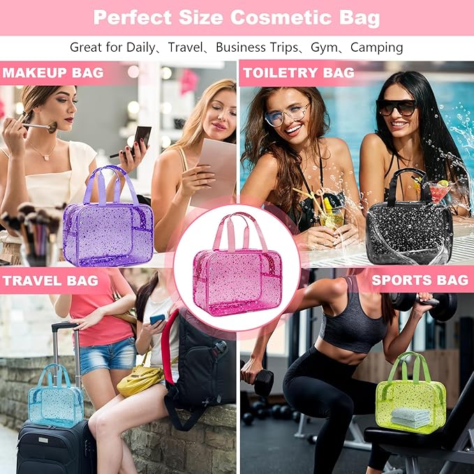 Clear Black Star Large Makeup Bag with Star Pattern 12x5x8 inch, Travel Cosmetic Bag with Handle, Durable PVC Material Washbag Zipper Opening Design for Makeup Travel Organizer or Gym Use