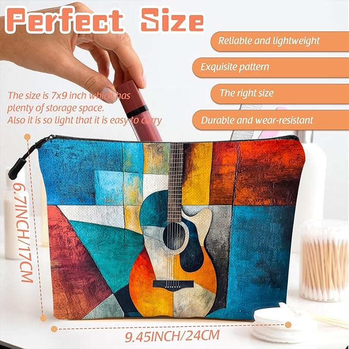 Cosmetic Bags Travel Makeup Toilet Case Waterproof Pouch for Women Girls 6.7X9.45inches - Abstract Guitar in A Multicolored Geometric Composition