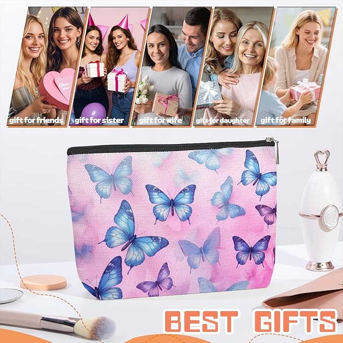Makeup Bag Travel Cosmetic Bags Small Makeup Case Waterproof Zipper Pouch for Women Girls 7X9inches - Blue And Purple Butterflies on A Pink Background