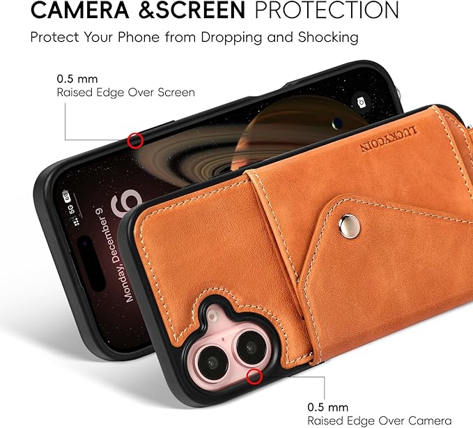 LUCKYCOIN Crossbody Wallet Phone Case for iPhone 16 Plus,100% Genuine Leather Wallet Phone Case with Expandable Flip Card Holder,Phone Purse for Women with Adjustable Removable Strap - Tan