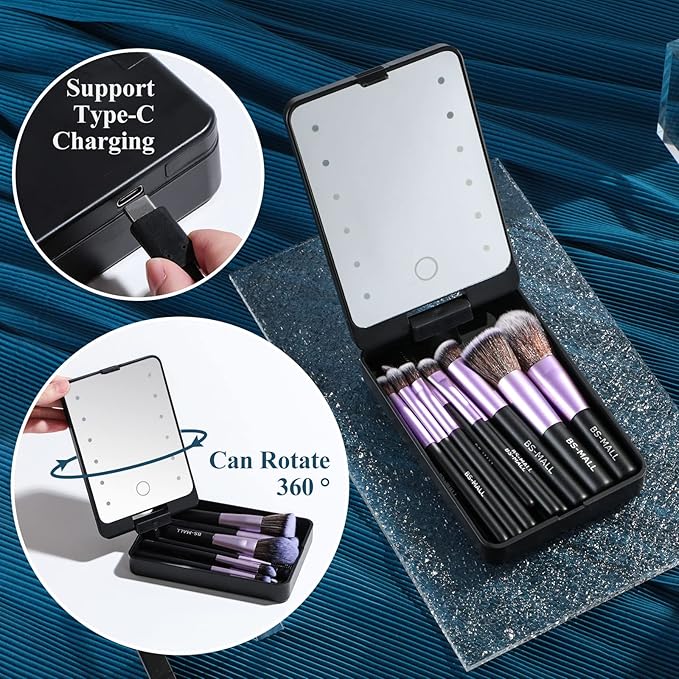 BS-MALL Travel Makeup Brush Set Foundation Powder Concealers Eye Shadows Makeup Set with LED light Mirror 14 Pcs (Purple)…