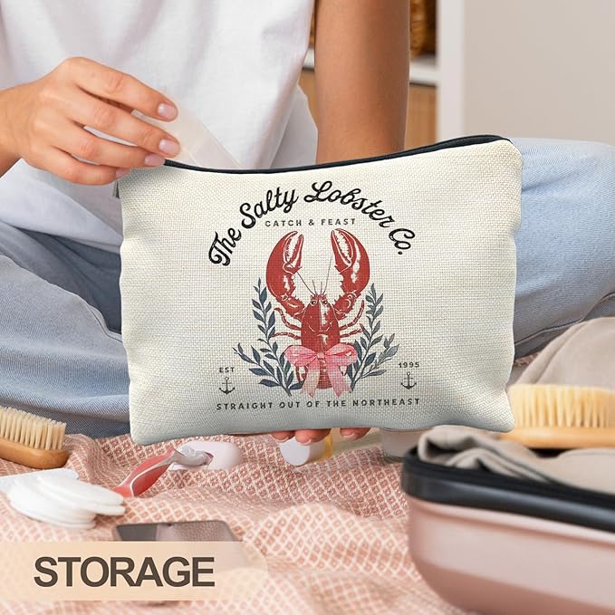 Crawfish Makeup Bag, Coquette Pink Bow Coastal Beach Nautical Lobster Cosmetic Bags for Women, Summer Seafood Makeup Zipper Pouch, Gifts for Beach Lovers