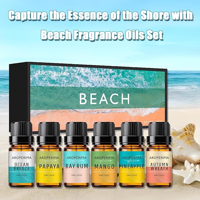 Beach Fragrance Essential Oil Set - Ocean Breeze, Bay Rum, Pineapple, Autumn Wreath, Mango, Papaya 6x10ML for Diffusers, Aromatherapy, Massage, Perfume, Soap Making and Candle