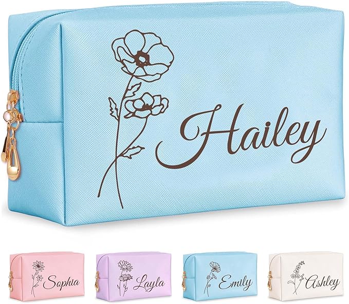 Personalized Makeup Bag with Name & Birth Flower, Custom Leather Cosmetic Bags for Women, Customized Travel Toiletry Bag Gifts for Bridesmaid Wedding