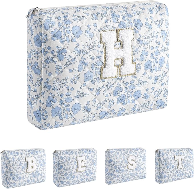 Alphabet Makeup Bag Cosmetic Bag for Women, Christmas Gifts for Age 11-18, Personalized Floral Coquette Travel Bag, Trendy Stuff Zipper Make Up Pouch Organizer Bag (Blue Floral H)