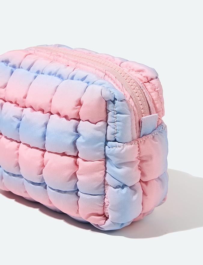 Yarnic Quilted Makeup Bag Cosmetic Bag, Travel Toiletry Bag for Women, Cute Makeup Bag Organizer Puffer Makeup Pouch (Blue Pink, S)