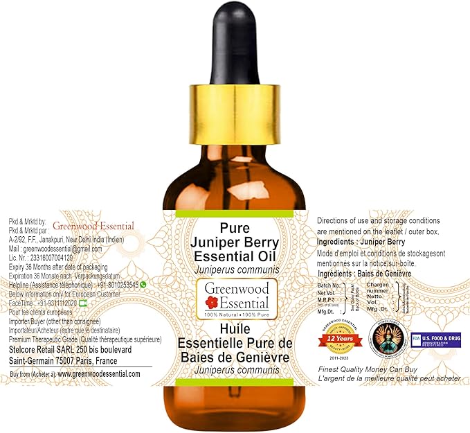 Greenwood Essential Pure Juniper Berry Essential Oil (Juniperus communis) with Glass Dropper Steam Distilled 10ml (0.33 oz)