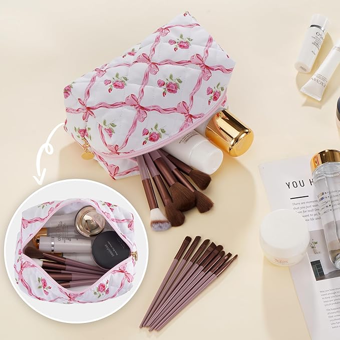Makeup Bag Travel Toiletry Bag for Women, Small Cosmetic Bags Cute Quilted Cotton Makeup Pouch for Purse Emergency Bag for School Floral Pencil Case Accessory Bag, Bow and Floral
