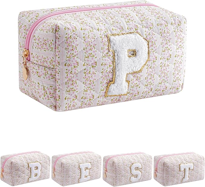 JOVAKIT Makeup Bag Cosmetic Bags for Women, Christmas Gifts for Girls Age 6-18, Alphabet Pink Floral Coquette Zipper Travel Makeup Pouch, Organizer Case Trendy Stuff (Pink Floral P)