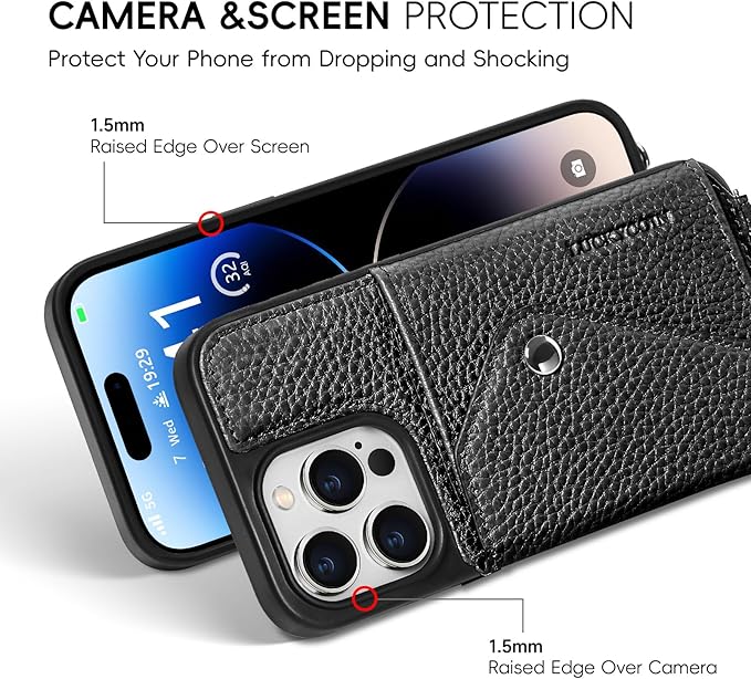 LUCKYCOIN Crossbody Wallet Phone Case for iPhone 14 Pro,100% Genuine Leather Wallet Phone Case with Expandable Flip Card Holder,Phone Purse for Women with Adjustable Removable Strap - Pebble Black