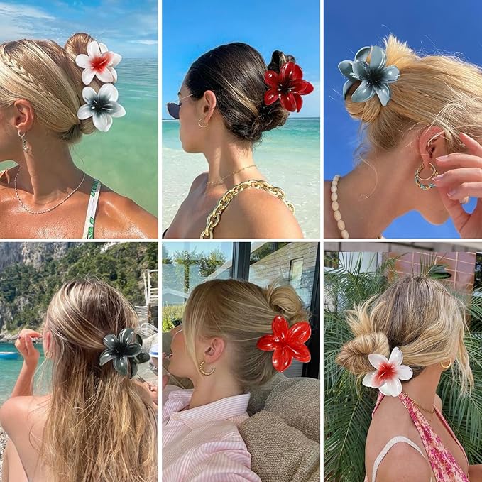 Flower Hair Clips 6 PCS Hawaiian Claw Clips for Vacation Hibiscus Hair Claw Clips Cute Large Hair Clips for Thick and Thin Hair Plumeria Hair Accessories for Women Girls -Dark Color