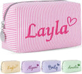Yofair Personalized Makeup Bag with Heart, Large Capacity Travel Toiletry Case Teen Girl Gift Trendy Stufff Custom Seersucker Cosmetic Bags Wedding Birthday Gifts for Girls Women
