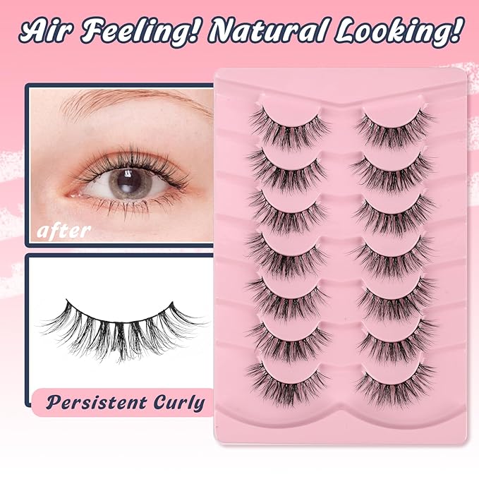 Natural Lashes False Eyelashes 17MM Wispy Lashes 3D Volume Strip Eyelashes C Curl False Eye Lashes 0.1MM Thin Band Fluffy Lashes Pack Siligli 7 Pair Lash Eyelash