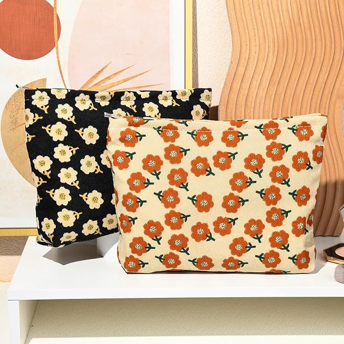 SOIDRAM 2 Pieces Flower Makeup Bag Large Corduroy Cosmetic Bag Capacity Canvas Travel Toiletry Bag Organizer Cute Makeup Brushes Aesthetic Accessories Storage Bag for Women, Flower L Orang Black