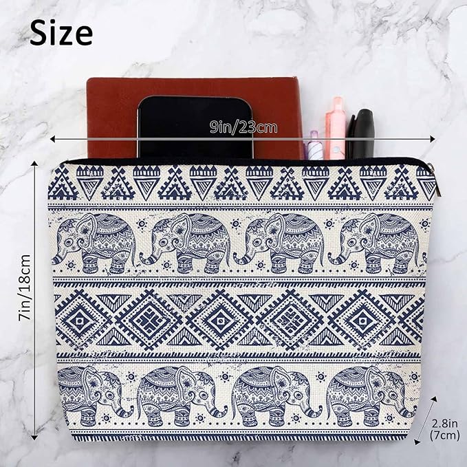 Elephant Cosmetic Bags For Women, Ethnic Geometric Elephant Roomy Makeup Bag Toiletry Bag Accessories Organizer Storage Bags Makeup Pouch For Travel Business Gym Camping Bathroom, Blue