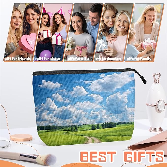 Cosmetic Bags Travel Makeup Toilet Case Waterproof Pouch for Women Girls 6.7X9.45inches - Green Field With A Winding Dirt Road Under Blue Sky