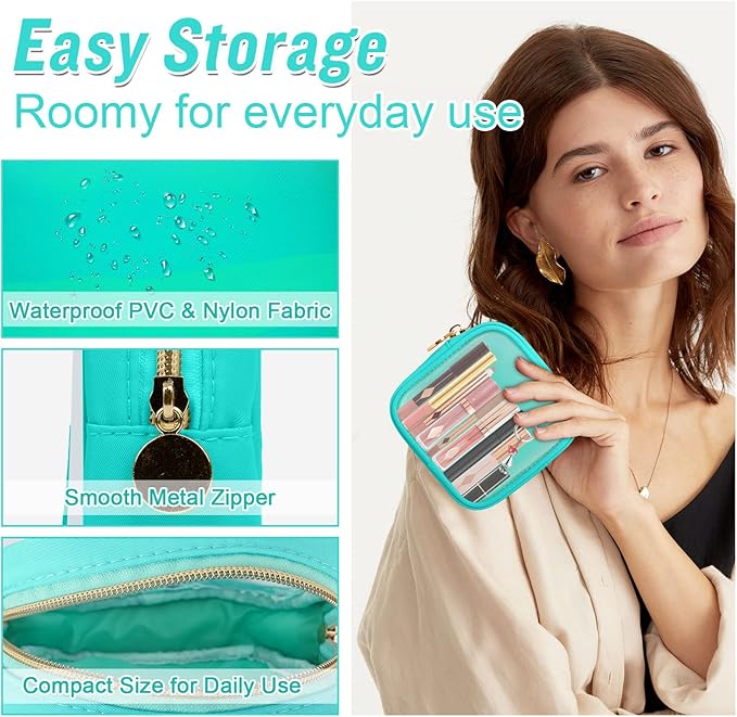 Mini Clear Travel Makeup Organizer Bag for Purse, Small Cute Preppy Makeup Bag Cosmetic Zipper Pouch Purse, Transparent PVC & Nylon Waterproof Travel Toiletry Storage Clutch for Women Men Girls(Mint)