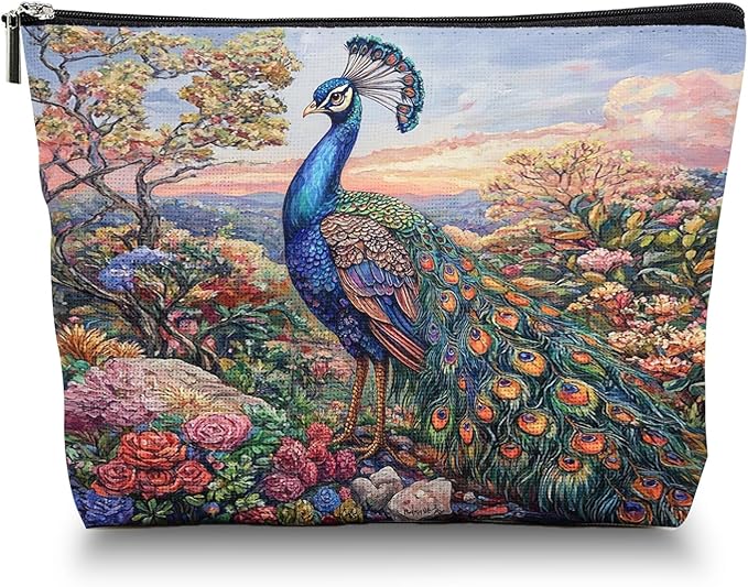 Makeup Bag Travel Cosmetic Bags Small Makeup Case Waterproof Zipper Pouch for Women Girls 7X9inches - Peacock in A Dusk - Filled Floral Landscape