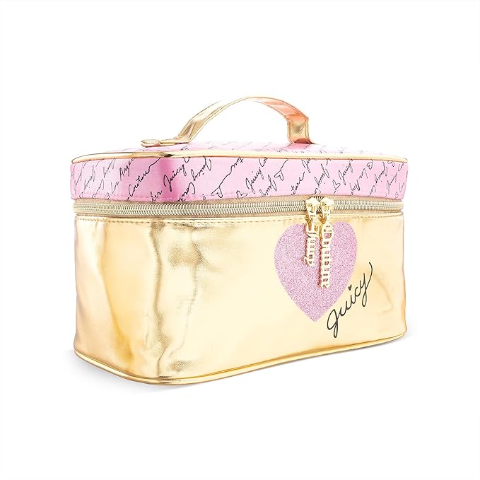 Juicy Couture Gold Pink Makeup Bag Cosmetics Organizer Travel Essentials Train Case Shiny Heart