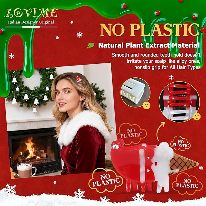 Original Italian Designed Mini Christmas Hair Claw Clips for Women, Strong Grip Plant-Based Acetate Hair Clips for Girls, Cute Christmas Tree Santa Ice Cream Hair Accessories With Gift Box 2pcs