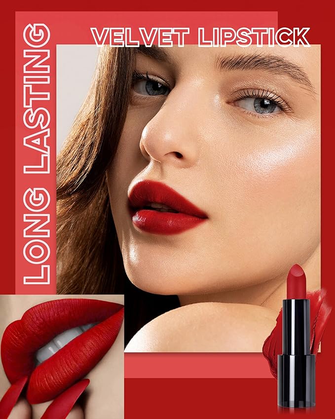 Red Lipstick Long Lasting for Women, Hydrating Matte Velvet Lip Gloss Nude Liquid Lipstick Nude Intense Lip Color Non Stick Smudge-Proof & Waterproof Lipgloss Bold Glow Goth Lip Stick Makeup-03