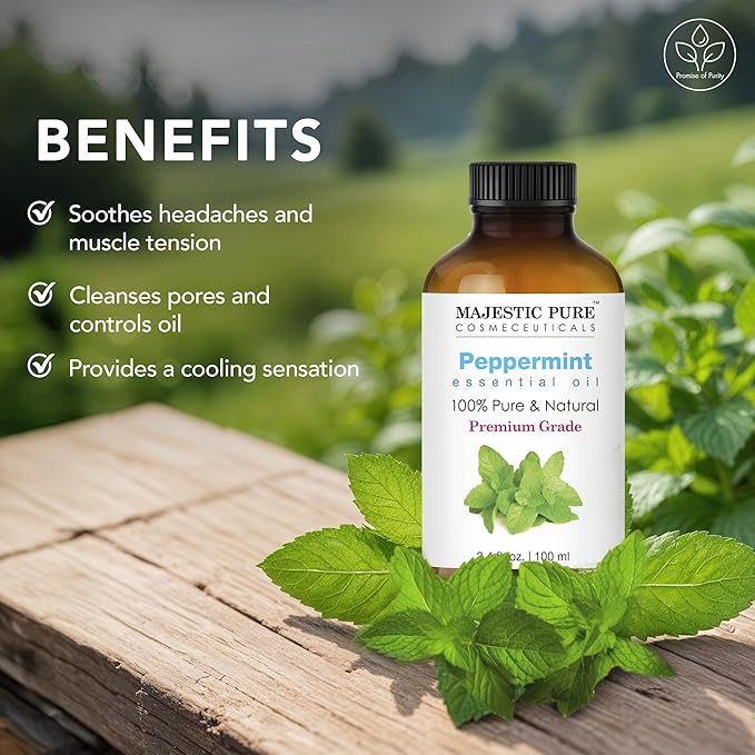 Majestic Pure Peppermint Essential Oil with Glass Dropper - 3.4 Fl Oz - 100% Pure and Natural Peppermint Oil - Premium Grade Essential Oils for Diffuser, Aromatherapy, Soap and Candle Making