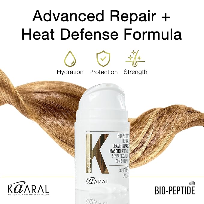 Kaaral Bio-Peptide Thermal Leave-In Hair Mask - Intensive Moisture & Heat Protection for Dry Damaged Hair - Strengthening Hydrating Repair with Collagen & Restores Shine - 50ml