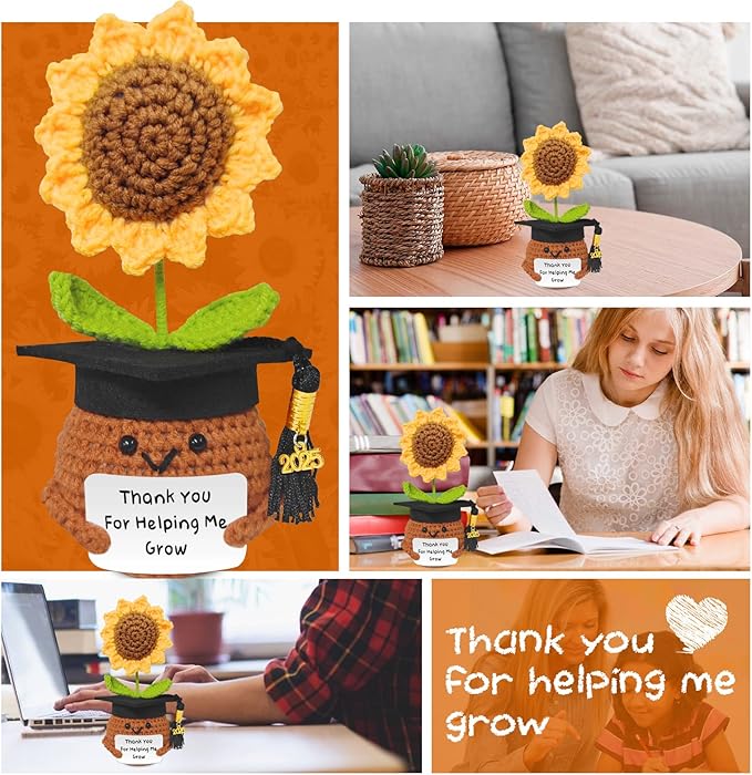 Teacher Appreciation Gifts, Handmade Crochet Sunflower Teacher Gifts, Thank You for Helping Me Grow, Daycare Teacher Appreciation Gifts for Women Men, End of Year Graduation Teacher Gifts (2)