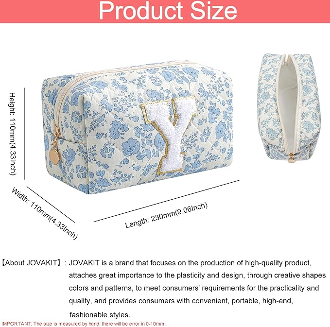 JOVAKIT Alphabet Makeup Bag Cosmetic Bag for Women, Christmas Gifts for Girls Age 6-18, Floral Flowers Coquette Travel Toiletry Zipper Make Up Pouch Organizer Trendy Stuff (Blue Floral Y)