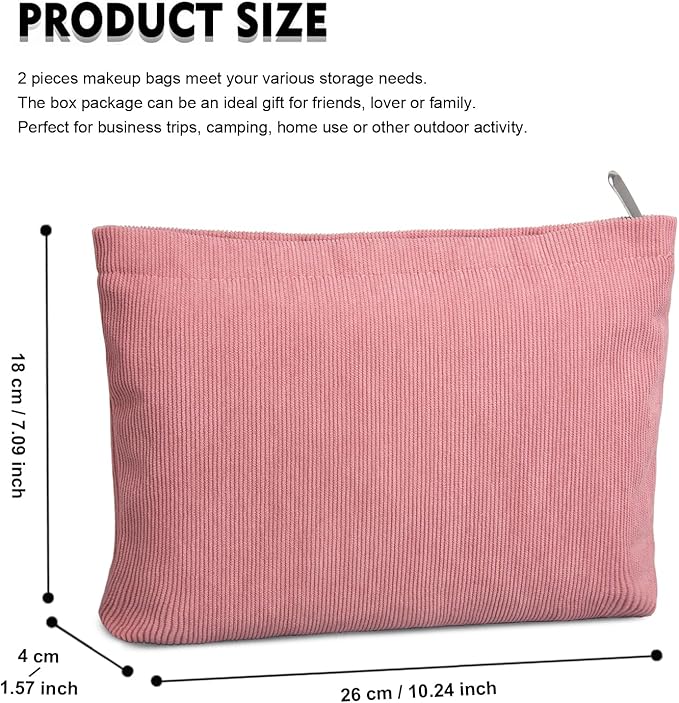 FITDON 2PCS Cosmetic Bags for Women Makeup Bag for Purse Small Corduroy Makeup Pouch Travel Make Up Bag with Zipper Toiletry Bag Organizer