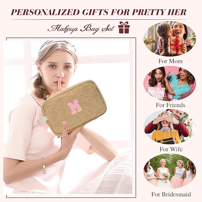 for Christmas Day Gifts, Personalized Initial Cosmetic Bag Pouch for Teen Girls, Preppy Makeup Travel Bags for Daughter Sister Girlfriend, Monogramed Make Up Pouch for Birthday Gifts - Brown Z