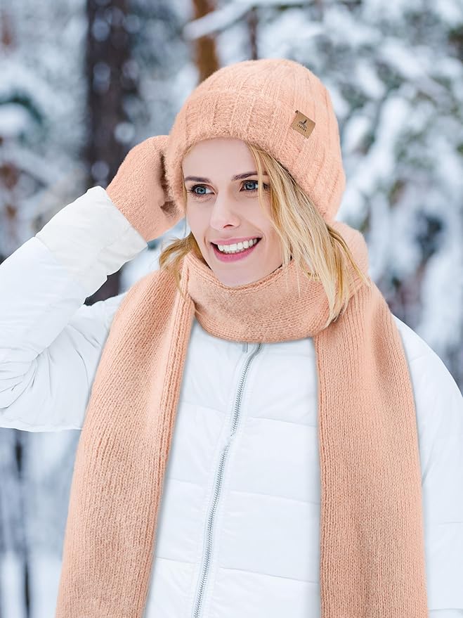 Winter Beanie Hat Scarf Gloves, Warm Fleece Knit Hat Long Scarf Neck Warmer Touch Screen Winter Gloves Set Gifts for Women