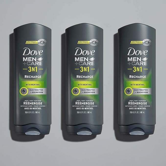 DOVE MEN + CARE Post-Workout Body Wash 3N1 Recharge 4 Count For Men With Menthol, 18 oz