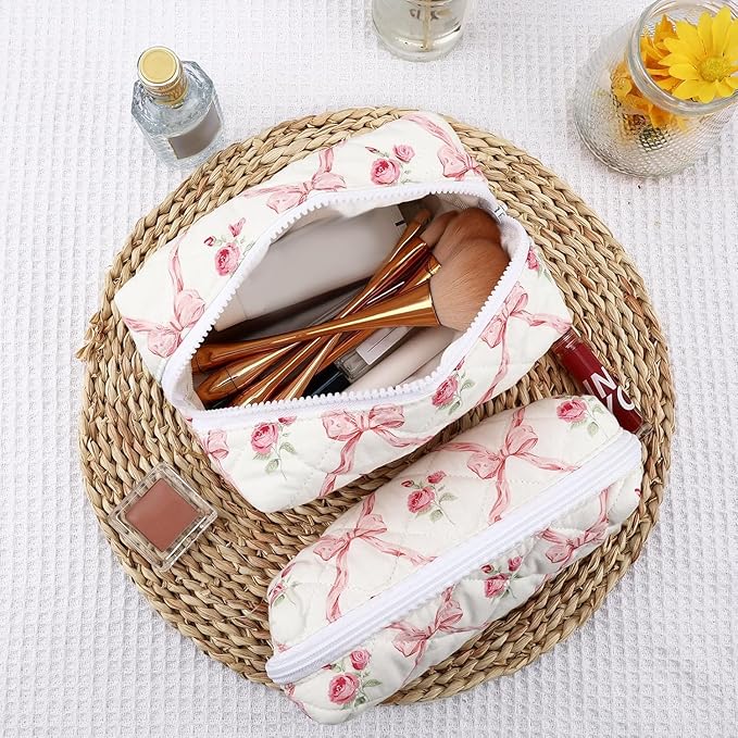 2Pcs Cotton Quilted Makeup Bag for Women Girls Coquette Cosmetic Bag Cute Zipper Pink Bow Pencil Pouch Aesthetic Portable Travel Toiletry Bag Trendy Essentials Skincare Makeup Brush Pouch