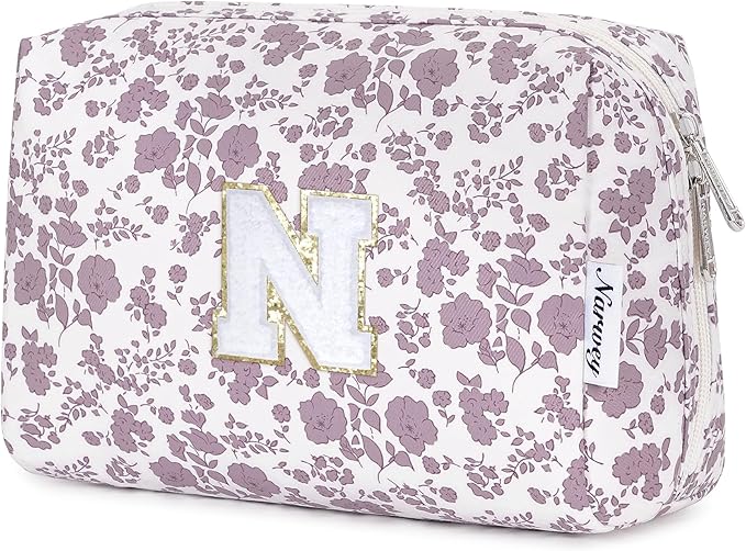 Narwey Birthday Gifts for Teen Girls Kids Women Personalized Initial Floral Makeup Bag Cute Cosmetic Trendy Stuff 6 8 10 11 12 13 14 16 18 Years Old Travel Toiletry Bag (Little Dusty Pink Flower N)