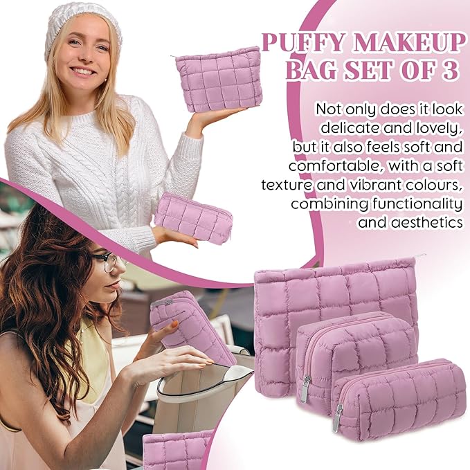 3 Pcs Puffy Makeup Bag Quilted Cosmetic Pouch for Women Cute Checkered Travel Toiletry Bag Puffer Makeup Organizer Purse Pouch Preppy Pencil Case with Zipper(Nude Pink)