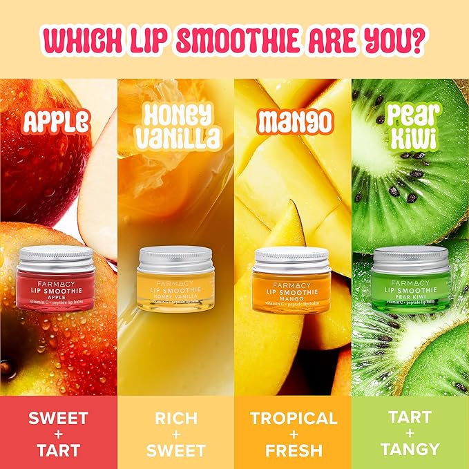 Farmacy Lip Smoothie Trio – Hydrating Peptide Lip Balms with Vitamin C in Apple, Mango & Pear Kiwi Flavors (10g Each) for Nourished, Plump Lips