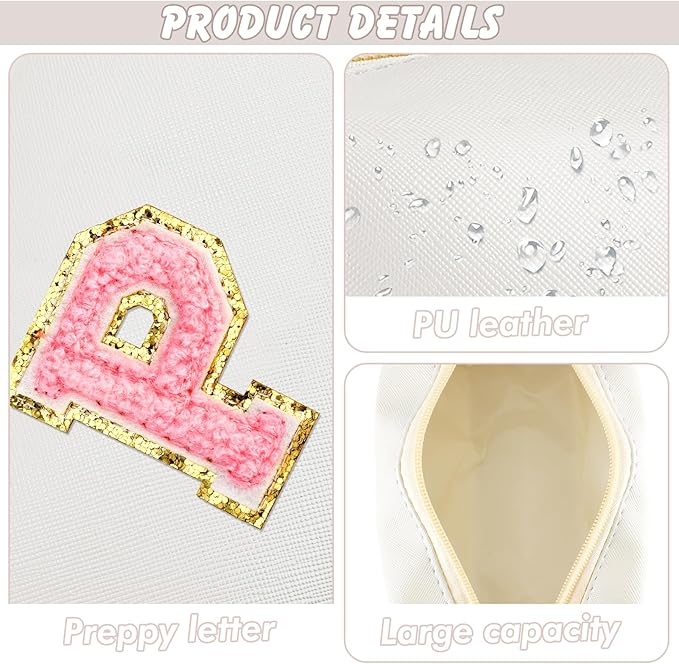 Initial Makeup Bag Personalized Preppy Travel Small Cosmetic Bag Cute PU White Chenille Letter Makeup Pouch for Purse Waterproof Zippered Toiletry Organizer for Women Girl Kid Friends (P)