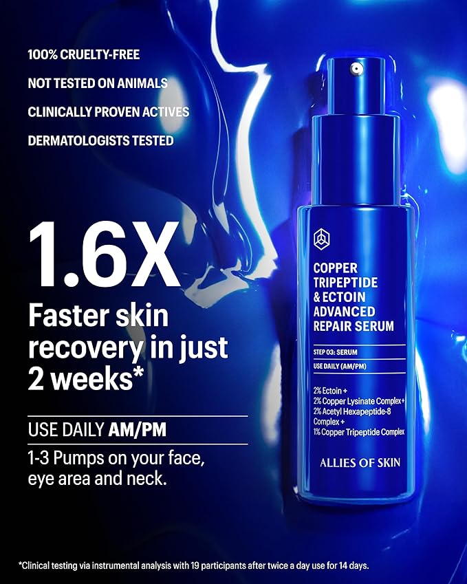 Allies of Skin Copper Tripeptide & Ectoin Advanced Repair Face Serum | Hydrating Moisturizer for Dry Skin | Anti Aging Skincare with Peptides | Treat Fine Lines & Wrinkles (1 Fl. oz)
