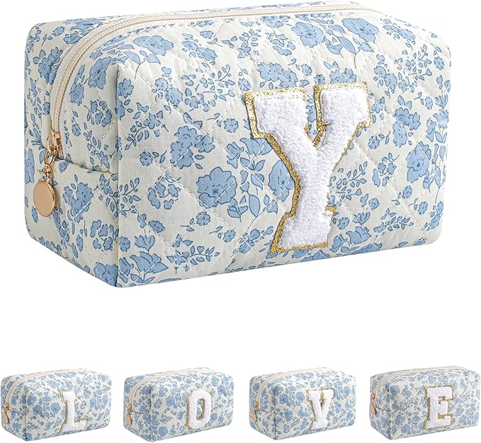 JOVAKIT Alphabet Makeup Bag Cosmetic Bag for Women, Christmas Gifts for Girls Age 6-18, Floral Flowers Coquette Travel Toiletry Zipper Make Up Pouch Organizer Trendy Stuff (Blue Floral Y)