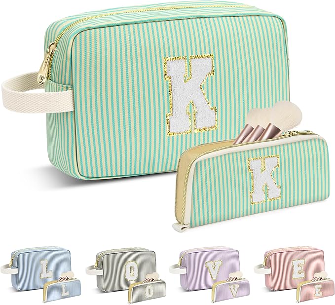 Travel Makeup Bag Christmas Gifts for Women Girl Teens, Personalized Initial Makeup Bag for Cute Teen Girls, Preppy Stuff Toiletry Bag Cosmetic Bag, Teen Girls Gift Trendy Stuff, Letter K