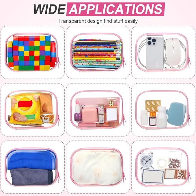 Sanwuta 6 Pcs Clear Hard Zipper Case Hard Plastic Zipper Pouches Makeup Bag Pencil Pouches Transparent Cases for Snacks Plastic Storage Organizer Box for Travel(Pink,7.87 x 5.9 x 2 Inch)