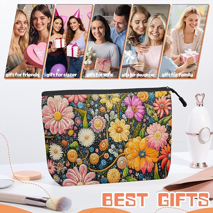 Cosmetic Bags Travel Makeup Toilet Case Waterproof Pouch for Women Girls 6.7X9.45inches - Colorful Flowers on A Black Background