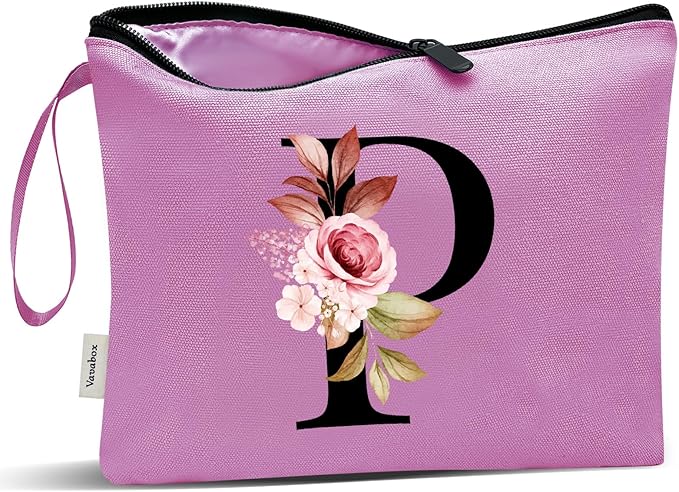 Vavabox A-Z Personalized Makeup Bag, Birthday Gifts for Women Mom, Gifts for Best Friend, Bride Bridesmaid Cosmetic bag (P, Purple)