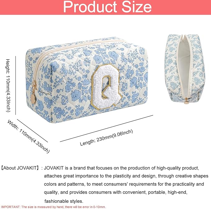 JOVAKIT Alphabet Makeup Bag Cosmetic Bag for Women, Christmas Gifts for Girls Age 6-18, Floral Flowers Coquette Travel Toiletry Zipper Make Up Pouch Organizer Trendy Stuff (Blue Floral Q)