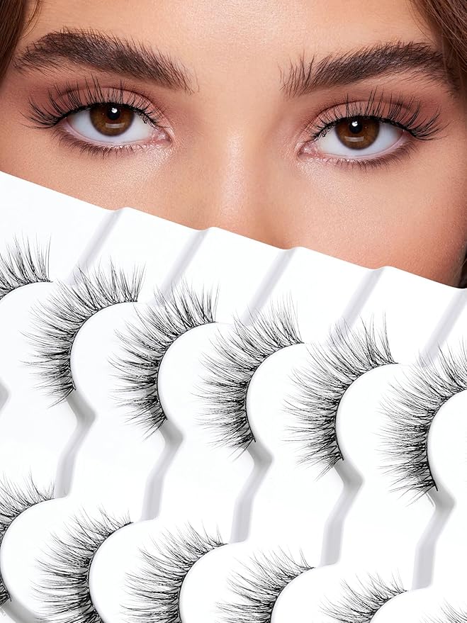 Wispy Cat Eye Lashes False Eyelashes Natural 15MM Strip Eyelashes Thin Band False Lashes 3D Volume Fake Lashes 7 Pair Soft Lash Pack Siligli