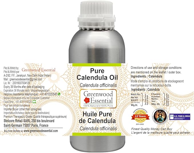 Greenwood Essential Pure Calendula Oil (Calendula officinalis) Premium Therapeutic Grade for Hair, Skin & Aromatherapy 300ml (10.1 oz)